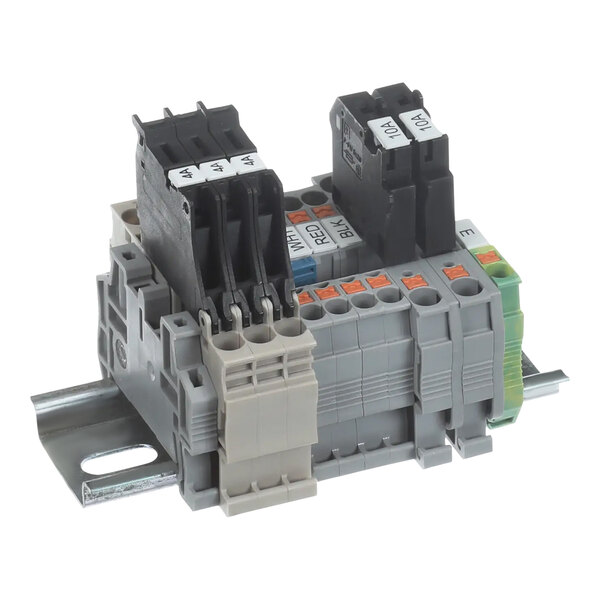 A close-up of a Garland / US Range terminal block with black and gray plastic connectors.