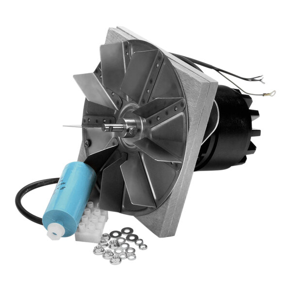 A Merrychef hot air motor service kit with a metal fan and blue cylinder with wires attached.