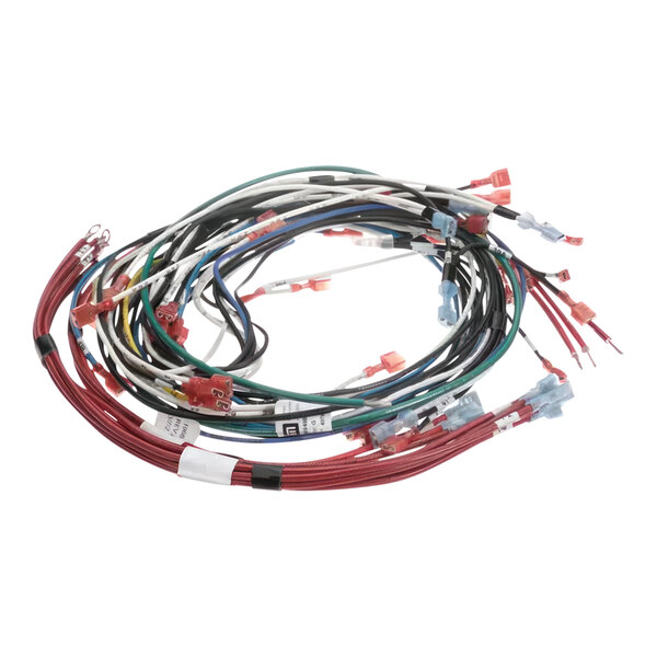 A close-up of the Garland / US Range 1966408 main harness with tags on a bunch of wires.