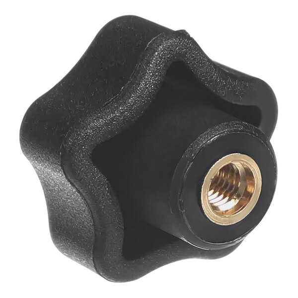 A black plastic knob with a gold nut on it.
