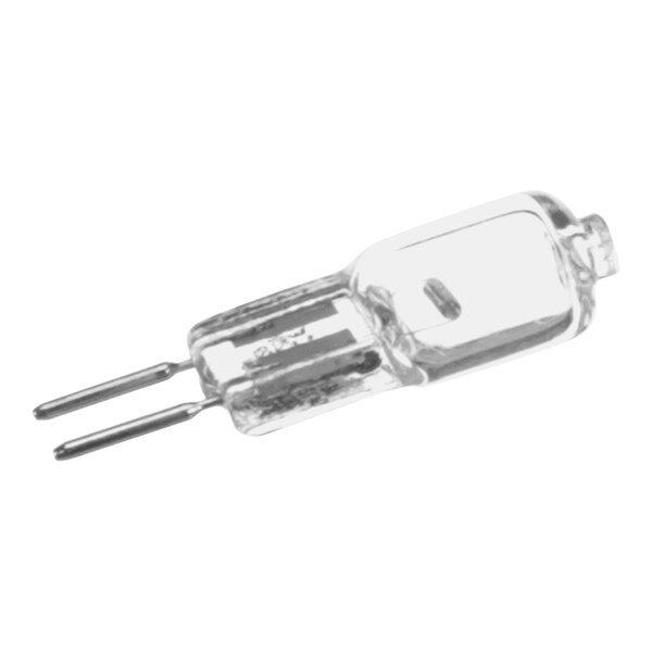 A close-up of a clear Vollrath light bulb with two pins.