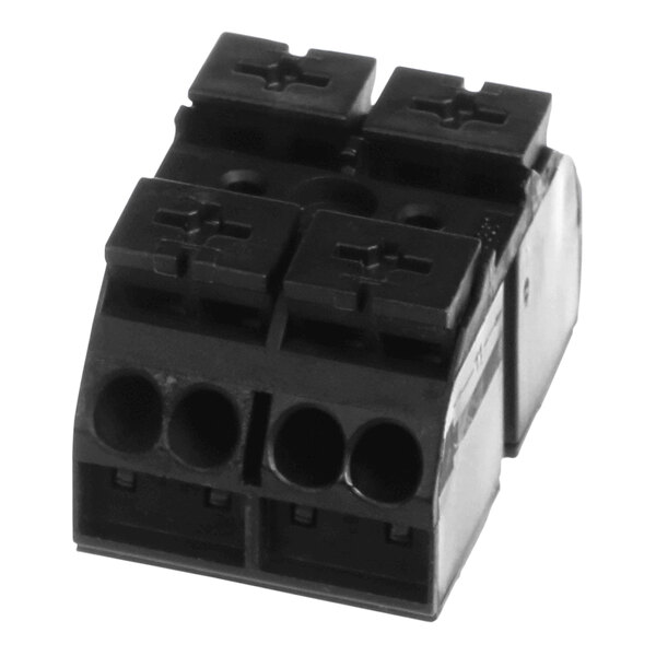 A black square Vollrath terminal block with 2 positions and holes.