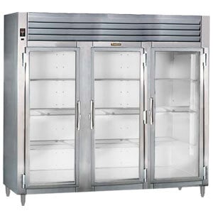 A Traulsen stainless steel reach-in refrigerator with three glass doors.