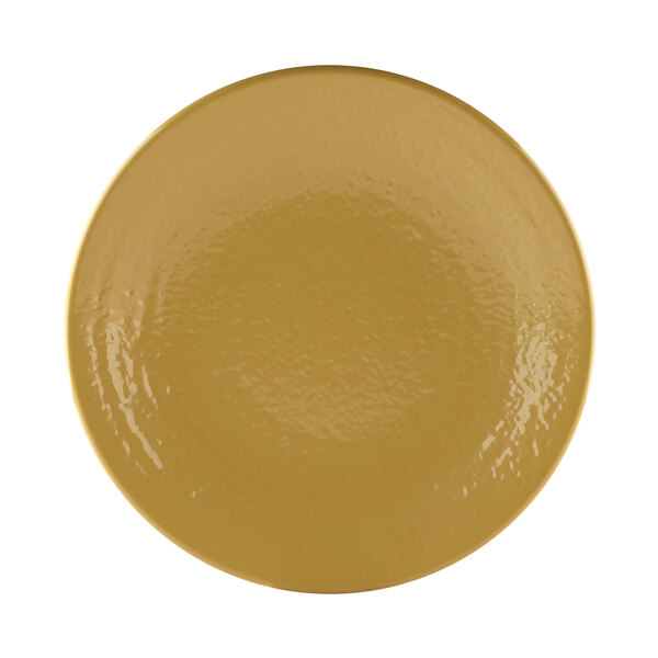 A close-up of an olive oil-colored Elite Global Solutions round plate.