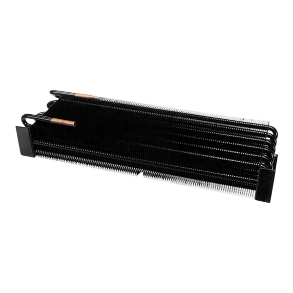 A black metal evaporator with copper pipes.