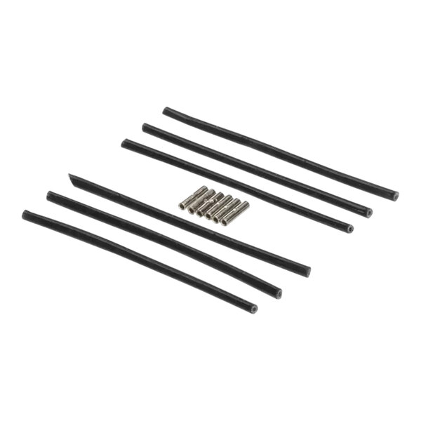 A group of black wires and metal parts with screws.