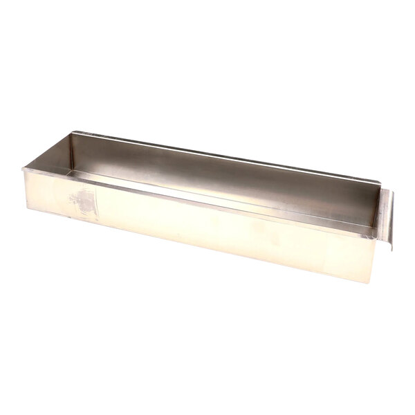 A silver rectangular stainless steel tray with a handle.