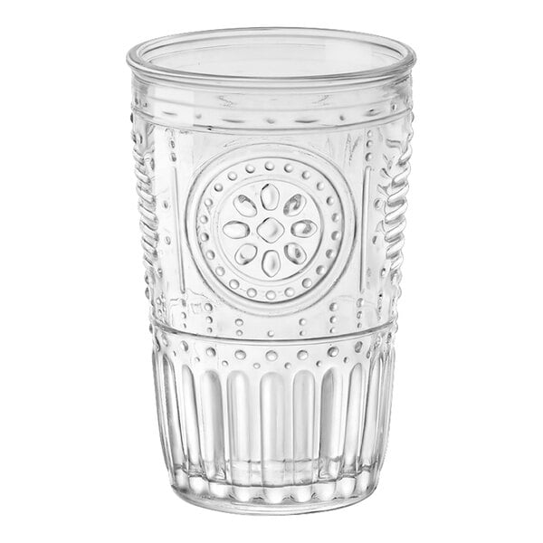 A case of 6 clear Bormioli Rocco Highball glasses with a design on them.