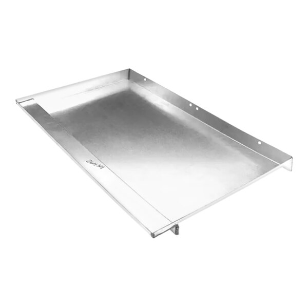 A stainless steel grease tray with a handle for a Garland / US Range.