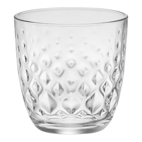 A 10 ounce Bormioli Rocco clear glass tumbler with a diamond pattern.