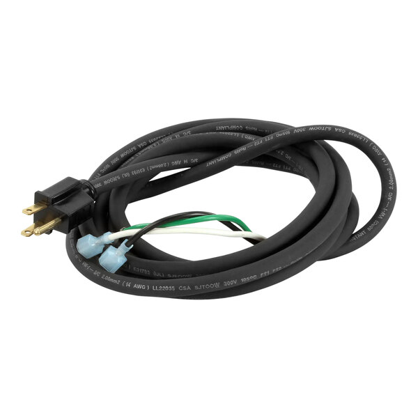 A black Garland / US Range power cord with plugs on one end and a green plug on the other.