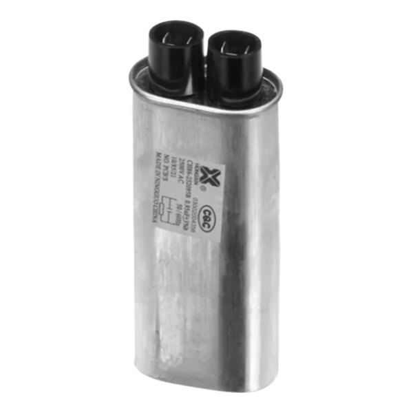 A metal Merrychef capacitor with black tubes and a label.