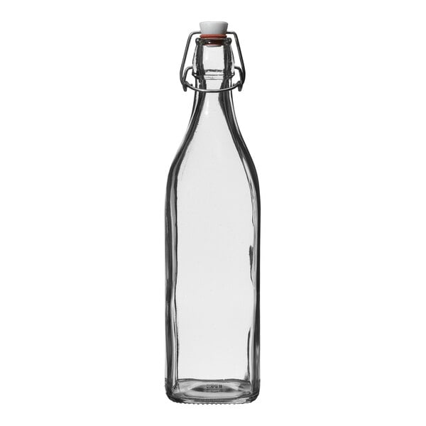 A Bormioli Rocco Swing from Steelite International clear glass bottle with a metal cap.