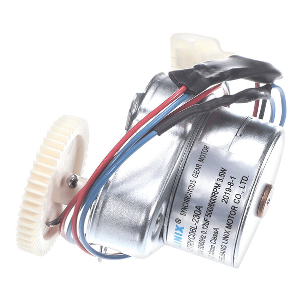 A small metal Merrychef stirrer motor with wires.