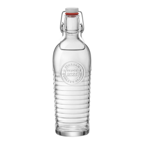 A 40oz clear glass swingtop bottle with a stopper.
