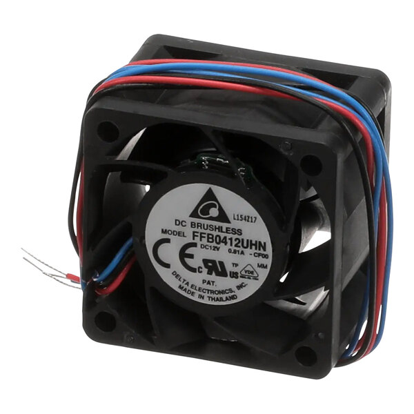 A small black square fan with blue and red wires.