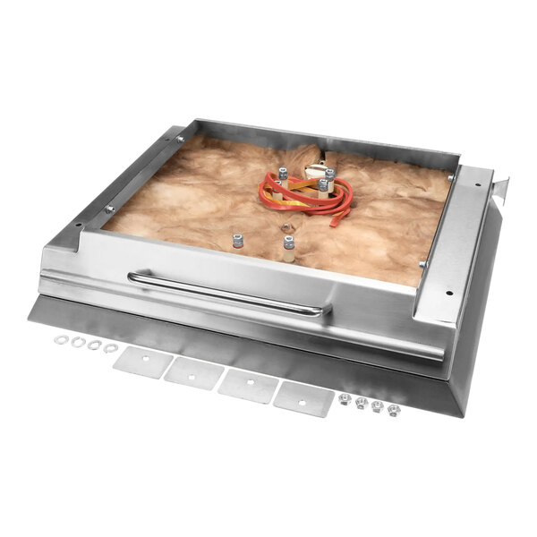 A metal box with a metal handle and a red wire.