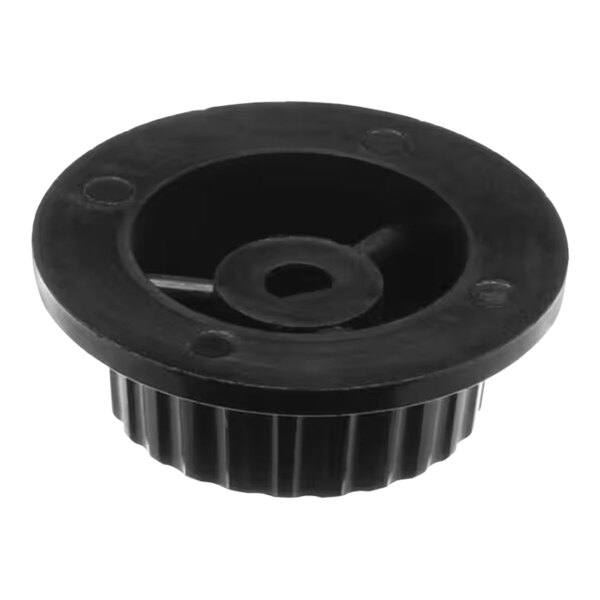 A black circular knob with a hole in the center.