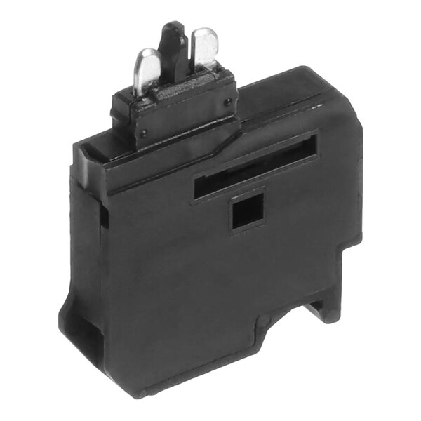 A black plastic rectangular fuse plug with a metal insert.