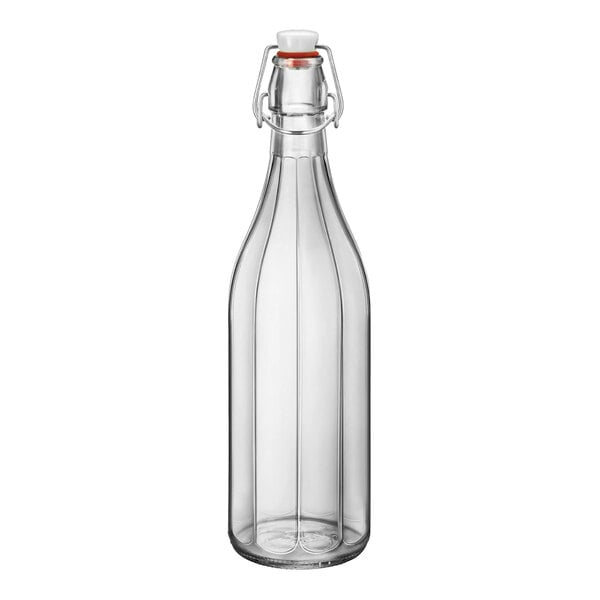 A clear glass Bormioli Rocco swing top bottle.