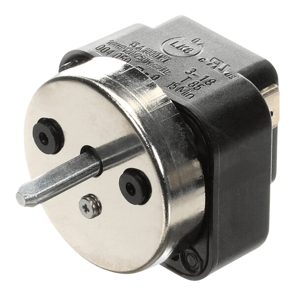 A small round black and silver Vollrath timer.