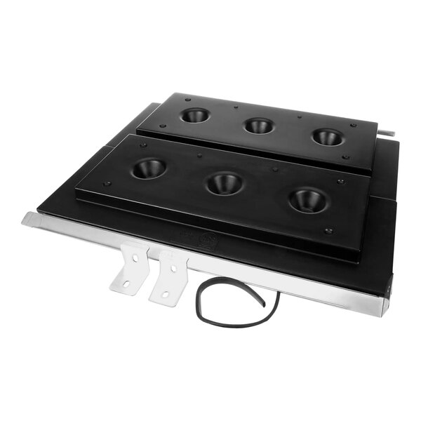 A black rectangular Ice-O-Matic bin adapter with four holes in it.