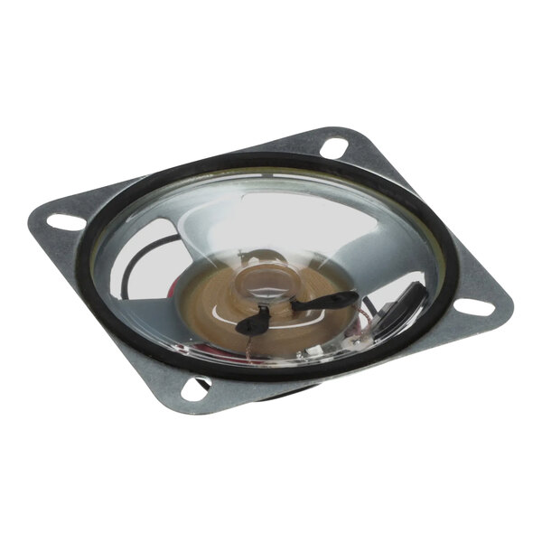 A round speaker with a metal base and a black circle with a white glass cover.