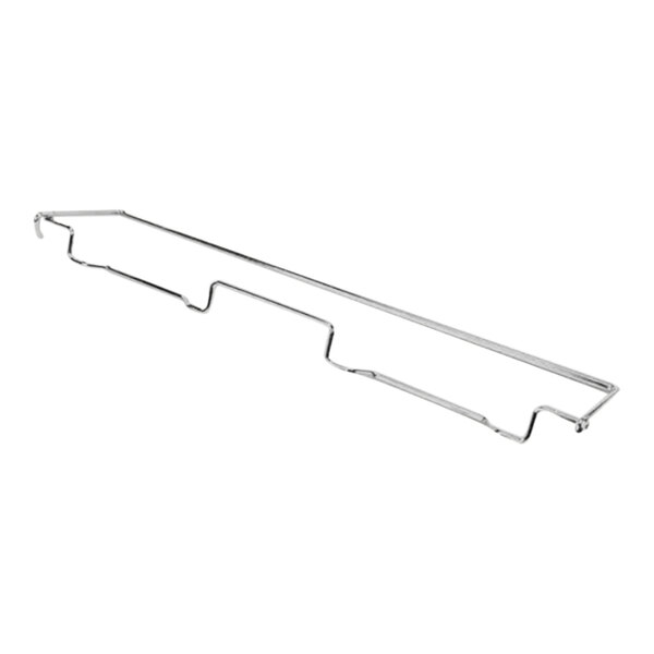 A nickel plated metal tray slide with long handles.