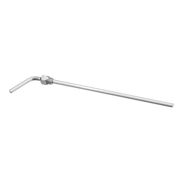 A stainless steel rod with a long white handle.