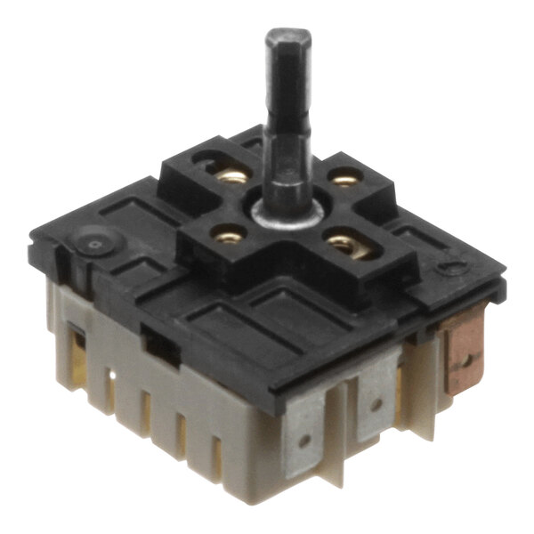 A small black and white thermostat switch with a metal pin.