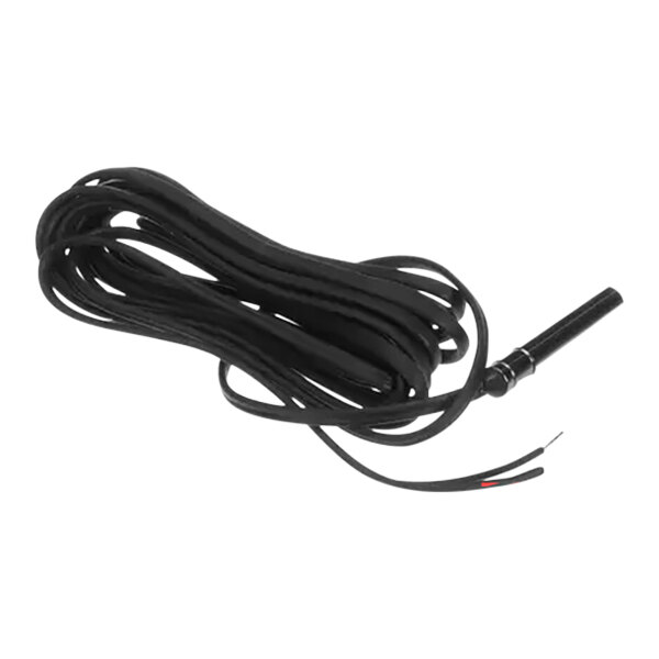 A black coiled cable with a long black tip and a red and black wire.