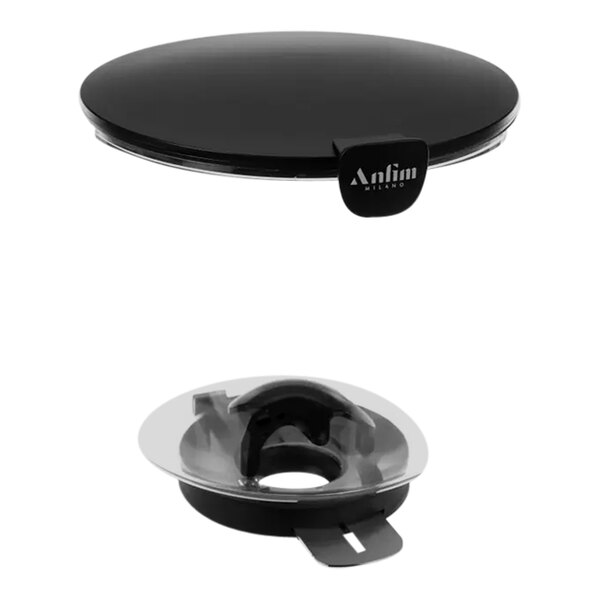 A black plastic container with a black circular lid with a round hole.