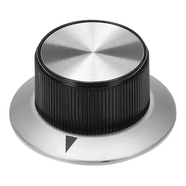 A silver knob with a black arrow and set screw.