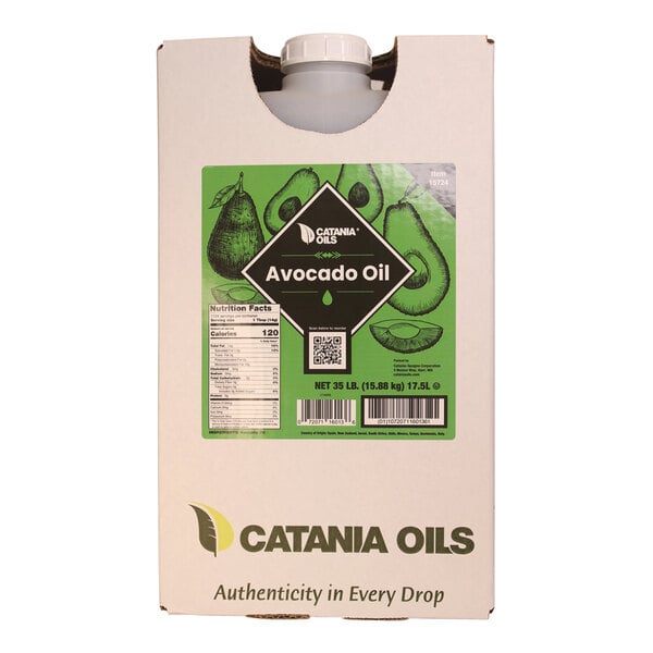 A white carton of Catania Oils 100% Pure Avocado Oil with a close-up of the label.