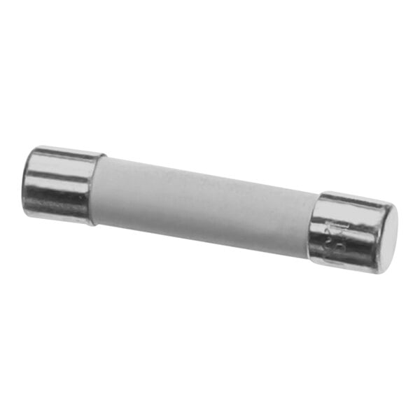 A white metal fuse with a black top and metal ends.