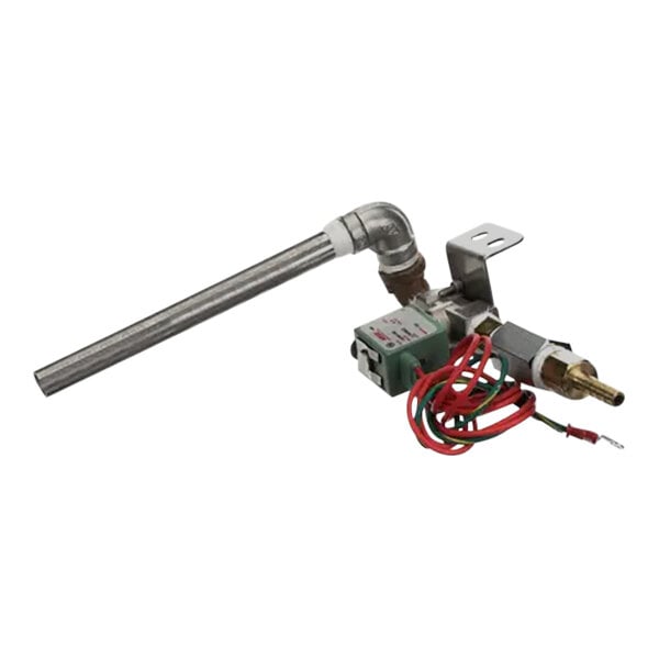 A metal pipe with red and green wires and a small valve attached to a hose.