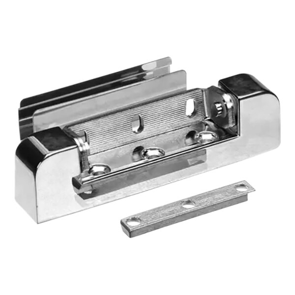 A chrome steel Edgemount door hinge with screws.