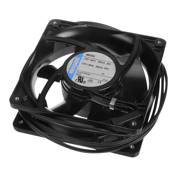 A black fan with wires attached to it.