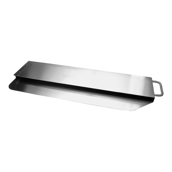 A stainless steel rectangular tray with a black handle.