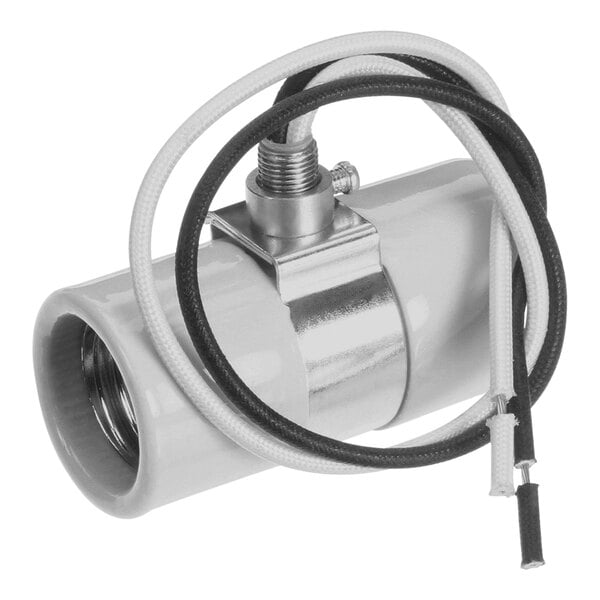 A white ceramic lamp socket with black and white cables.