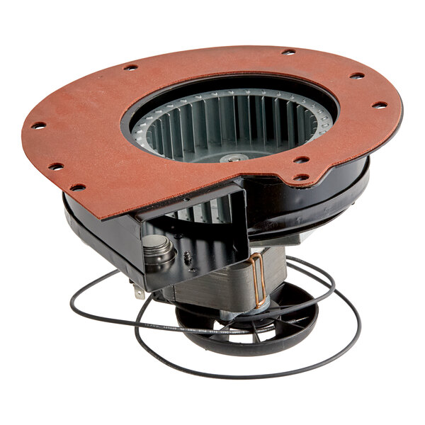 A round metal blower fan assembly with a red mounting plate, visible fan blades, and protective wire guards.