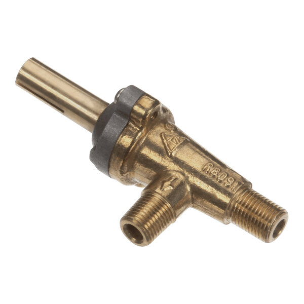A close-up of a brass Vollrath gas valve with a threaded nozzle.