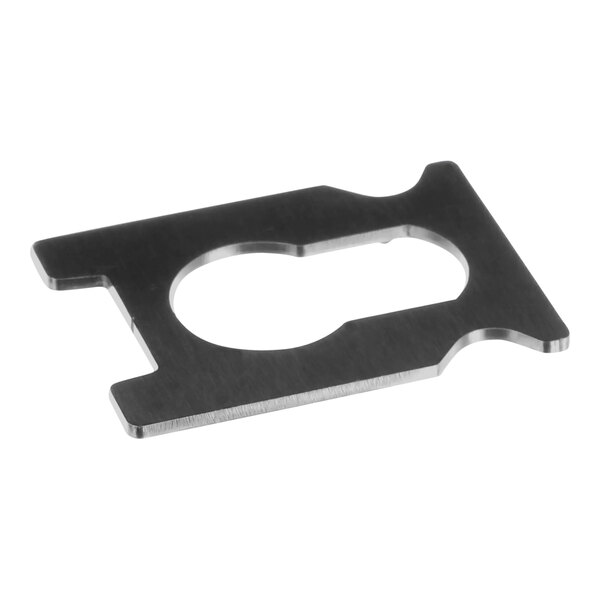 A black metal retaining clip with a hole in it.