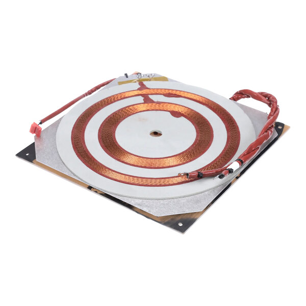 A white and red circular Garland / US Range induction coil with wires.
