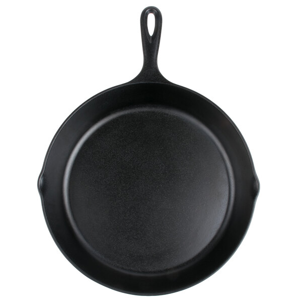 An Elite Global Solutions black faux cast iron fry pan with a handle.