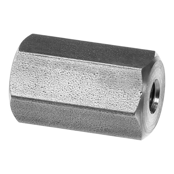 A stainless steel hex spacer-retainer with a threaded nut.