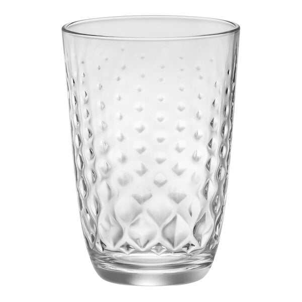 A clear Bormioli Rocco glass with a diamond textured pattern.