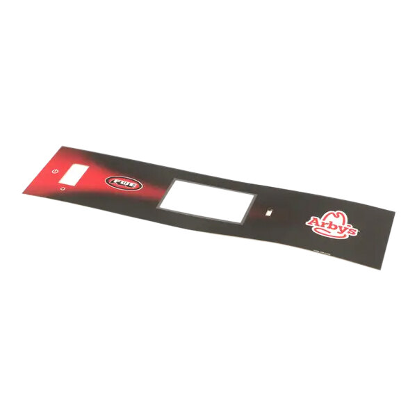 A black rectangular touch screen overlay with white and red text.
