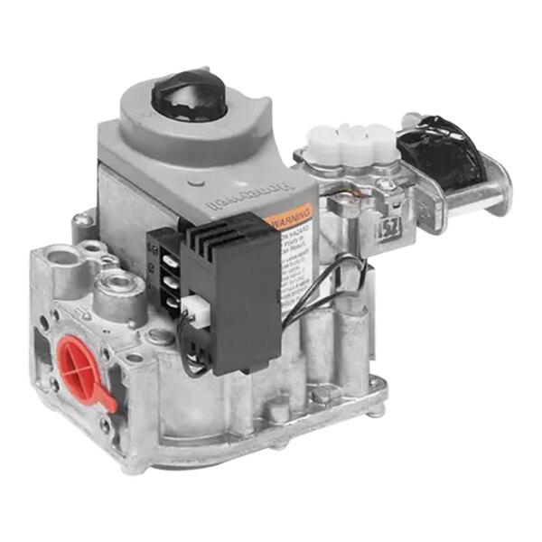 A grey metal Garland gas valve with a black and red button.