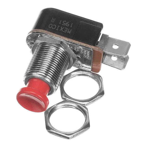 A Cretors push button switch with red and black toggles and metal nuts.